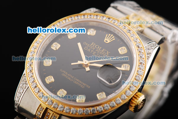 Rolex Datejust Automatic Movement Black Dial with Diamond Bezel and Two Tone Strap - Click Image to Close